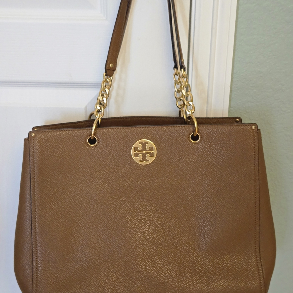Tory Burch Tan Leather Tote with Gold Accents